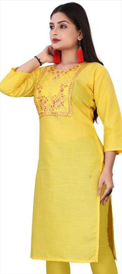 Casual Yellow color Kurti in Cotton fabric with Long Sleeve, Straight Printed work : 1947559