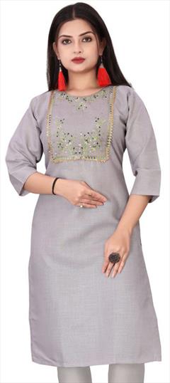 Casual Black and Grey color Kurti in Cotton fabric with Long Sleeve, Straight Printed work : 1947564