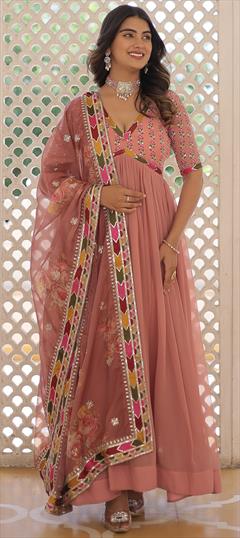 Engagement, Mehendi Sangeet, Reception Pink and Majenta color Gown in Georgette fabric with Embroidered, Sequence work : 1947569