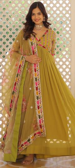 Engagement, Mehendi Sangeet, Reception Green color Gown in Georgette fabric with Embroidered, Sequence work : 1947570
