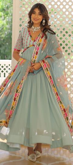 Engagement, Mehendi Sangeet, Reception Blue color Gown in Georgette fabric with Embroidered, Sequence work : 1947571