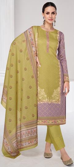 Festive, Party Wear Green color Salwar Kameez in Satin Silk fabric with Straight Bandhej, Digital Print, Embroidered work : 1947573