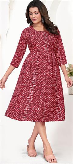 Casual Red and Maroon color Kurti in Cotton fabric with Anarkali, Long Sleeve Printed work : 1947584