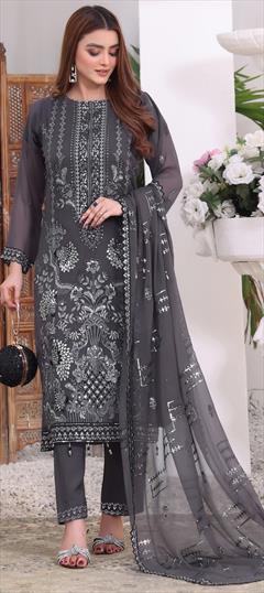 Festive, Party Wear Black and Grey color Salwar Kameez in Faux Georgette fabric with Pakistani, Straight Embroidered work : 1947585