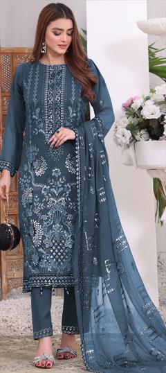 Festive, Party Wear Blue color Salwar Kameez in Faux Georgette fabric with Pakistani, Straight Embroidered work : 1947587