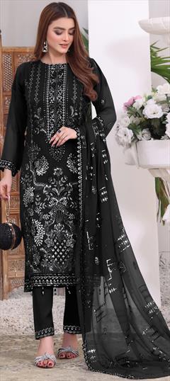 Festive, Party Wear Black and Grey color Salwar Kameez in Faux Georgette fabric with Pakistani, Straight Embroidered work : 1947588