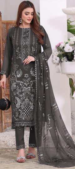 Festive, Party Wear Black and Grey color Salwar Kameez in Faux Georgette fabric with Pakistani, Straight Embroidered work : 1947589
