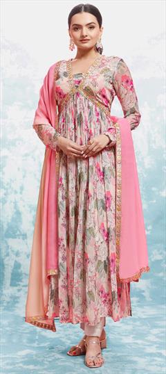 Festive, Mehendi Sangeet, Reception Pink and Majenta color Salwar Kameez in Georgette fabric with Anarkali Embroidered, Floral, Printed work : 1947592