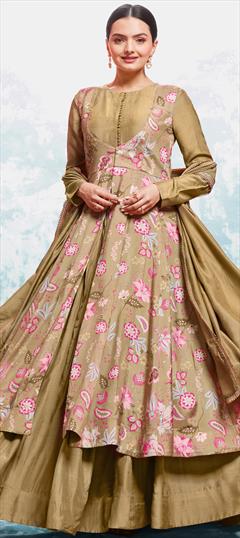 Festive, Mehendi Sangeet, Reception Beige and Brown color Salwar Kameez in Muslin fabric with Anarkali Floral, Printed work : 1947600