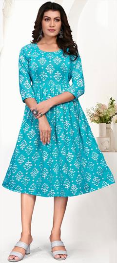 Casual Blue color Kurti in Cotton fabric with Anarkali, Long Sleeve Printed work : 1947605