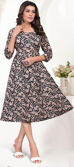 Casual Black and Grey color Kurti in Cotton fabric with Anarkali, Long Sleeve Printed work : 1947606