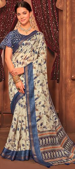 Festive, Traditional Beige and Brown color Saree in Cotton fabric with Bengali Printed, Sequence work : 1947612