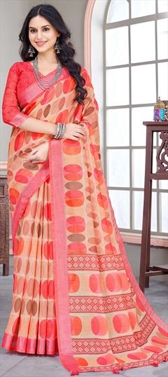Casual, Traditional Multicolor color Saree in Linen fabric with Bengali Printed work : 1947616