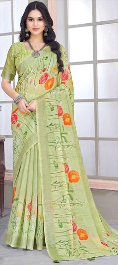Casual, Traditional Green color Saree in Linen fabric with Bengali Floral, Printed work : 1947617