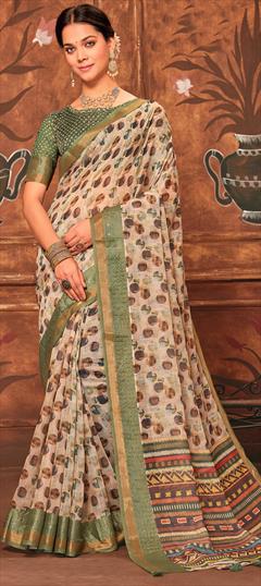Festive, Traditional Beige and Brown color Saree in Cotton fabric with Bengali Printed, Sequence work : 1947618