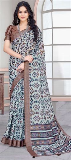 Casual, Traditional Black and Grey color Saree in Linen fabric with Bengali Printed work : 1947619