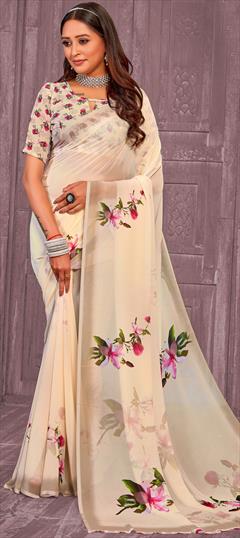 Casual, Party Wear Beige and Brown color Saree in Faux Georgette fabric with Classic Floral, Printed work : 1947630