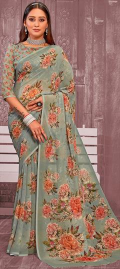 Casual, Party Wear Green color Saree in Faux Chiffon fabric with Classic Floral, Printed work : 1947631