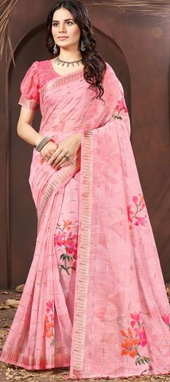 Casual, Traditional Pink and Majenta color Saree in Cotton fabric with Bengali Floral, Printed work : 1947657