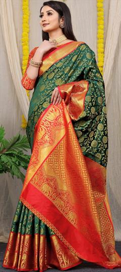 Traditional Green color Saree in Kanchipuram Silk fabric with South Weaving work : 1947658