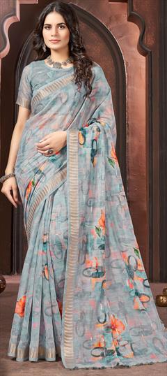 Casual, Traditional Black and Grey color Saree in Cotton fabric with Bengali Floral, Printed work : 1947659