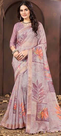 Casual, Traditional Purple and Violet color Saree in Cotton fabric with Bengali Printed work : 1947661