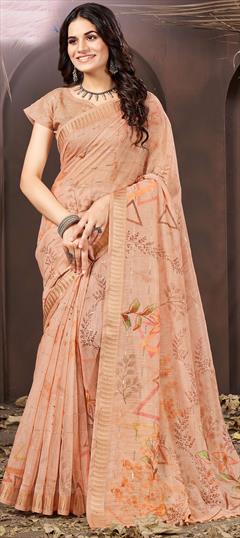 Casual, Traditional Beige and Brown color Saree in Cotton fabric with Bengali Printed work : 1947663