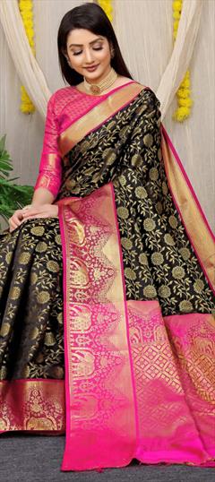 Traditional Black and Grey color Saree in Kanchipuram Silk fabric with South Weaving work : 1947668
