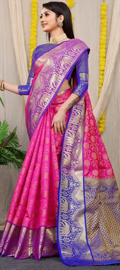 Traditional Pink and Majenta color Saree in Kanchipuram Silk fabric with South Weaving work : 1947670