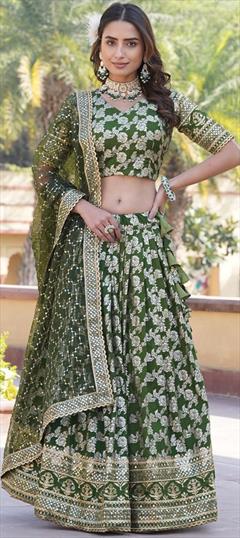 Engagement, Reception, Wedding Green color Lehenga in Viscose fabric with Flared Embroidered, Sequence, Thread work : 1947681