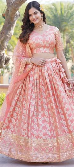 Engagement, Reception, Wedding Pink and Majenta color Lehenga in Viscose fabric with Flared Embroidered, Sequence, Thread work : 1947683