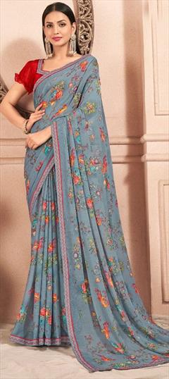 Casual, Party Wear Black and Grey color Saree in Chiffon fabric with Classic Floral, Lace, Printed work : 1947686