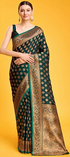 Festive, Traditional Green color Saree in Banarasi Silk fabric with South Weaving, Zari work : 1947687