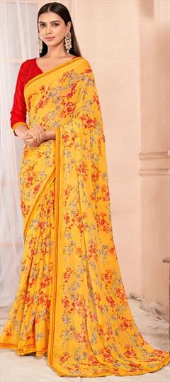 Casual, Party Wear Yellow color Saree in Chiffon fabric with Classic Floral, Lace, Printed work : 1947689