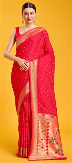 Reception, Traditional Red and Maroon color Saree in Art Silk fabric with South Weaving, Zari work : 1947707