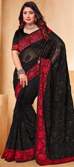 Engagement, Mehendi Sangeet, Wedding Black and Grey, Red and Maroon color Saree in Georgette fabric with Classic Embroidered, Resham, Thread work : 1947713
