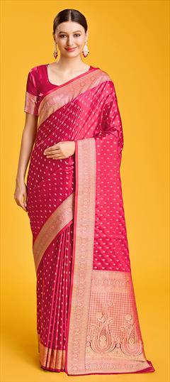 Reception, Traditional Pink and Majenta color Saree in Banarasi Silk fabric with South Weaving, Zari work : 1947714
