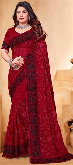 Engagement, Mehendi Sangeet, Wedding Black and Grey, Red and Maroon color Saree in Georgette fabric with Classic Embroidered, Resham, Thread work : 1947716