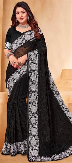 Engagement, Mehendi Sangeet, Wedding Black and Grey, White and Off White color Saree in Georgette fabric with Classic Embroidered, Resham, Thread work : 1947722