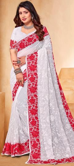 Engagement, Mehendi Sangeet, Wedding Red and Maroon, White and Off White color Saree in Georgette fabric with Classic Embroidered, Resham, Thread work : 1947730