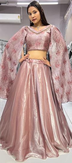 Engagement, Mehendi Sangeet, Reception Pink and Majenta color Ready to Wear Lehenga in Silk fabric with Flared Embroidered, Moti, Sequence, Thread work : 1947739