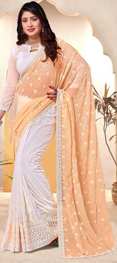 Festive, Mehendi Sangeet, Reception White and Off White, Yellow color Saree in Georgette fabric with Classic Embroidered, Resham, Thread work : 1947760