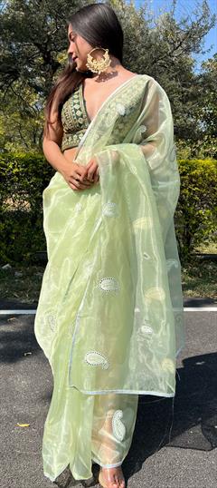 Festive, Reception, Traditional Green color Saree in Organza Silk fabric with Classic Embroidered, Gota Patti, Thread work : 1947766