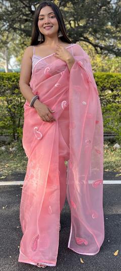 Festive, Reception, Traditional Pink and Majenta color Saree in Organza Silk fabric with Classic Embroidered, Gota Patti, Thread work : 1947768