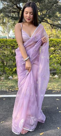 Festive, Reception, Traditional Purple and Violet color Saree in Organza Silk fabric with Classic Embroidered, Gota Patti, Thread work : 1947769