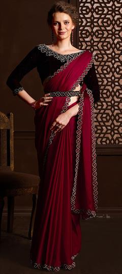 Festive, Reception Pink and Majenta color Saree in Chiffon fabric with Classic Stone work : 1948027