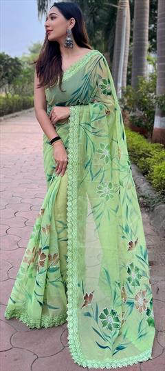 Festive, Reception Green color Saree in Shimmer fabric with Classic Floral, Foil Print, Lace work : 1948056