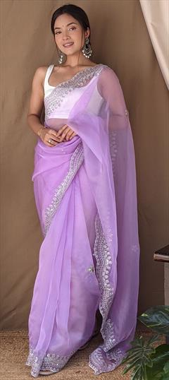 Festive, Reception, Traditional Purple and Violet color Saree in Organza Silk fabric with Classic Embroidered, Sequence work : 1948057