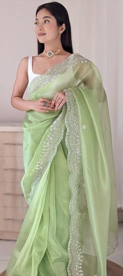 Festive, Reception, Traditional Green color Saree in Organza Silk fabric with Classic Embroidered, Sequence work : 1948061
