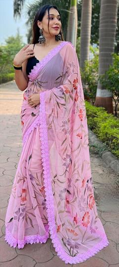 Festive, Reception Pink and Majenta color Saree in Shimmer fabric with Classic Floral, Foil Print, Lace work : 1948062
